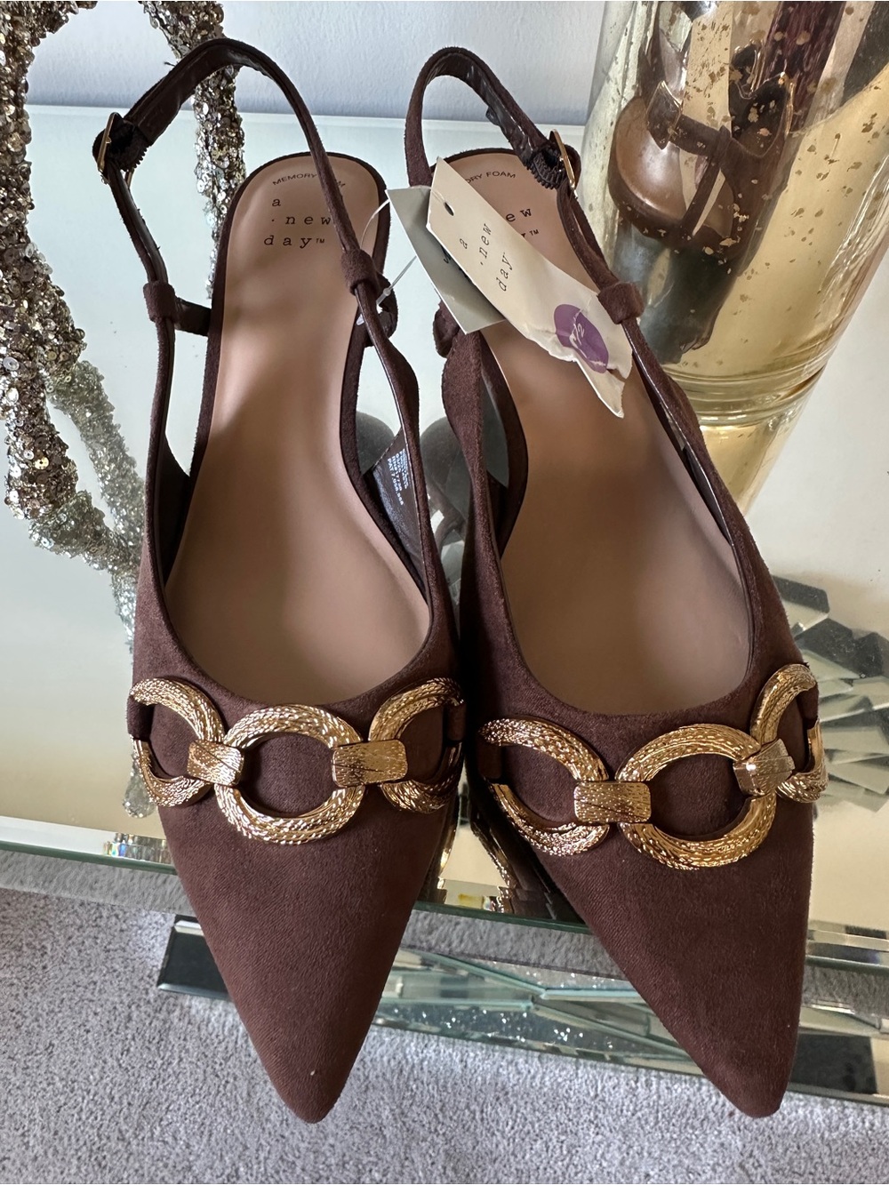 a new day Brown Pointed Toe Slingback Flats with Gold Chain Accent